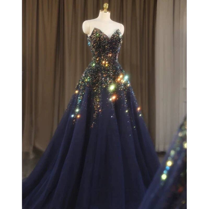 Cute Ball Gown Sweetheart Navy Blue Sequin Beads Prom Dresses Party Dress 20th Birthday Outfits Graduation Dress AU420