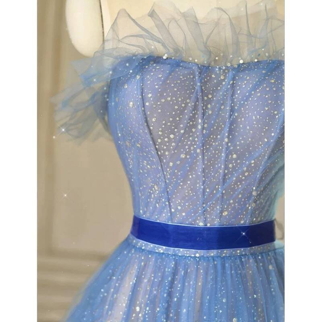 Classy A Line Strapless Blue Tulle Prom Dresses Party Dress 21st Birthday Outfits Senior High School Graduation Dress AU423
