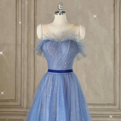 Classy A Line Strapless Blue Tulle Prom Dresses Party Dress 21st Birthday Outfits Senior High School Graduation Dress AU423