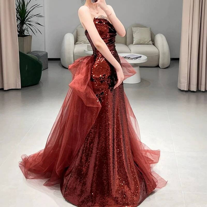 Timeless Mermaid Sweetheart Burgundy Sequins Prom Dress Inspiration Long Party Formal Prom Dresses AU424
