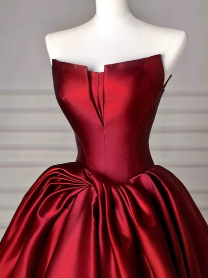 Classy Ball Gown Strapless Burgundy Satin Prom Dresses Party Dress Dance Senior High School Graduation Dress AU425