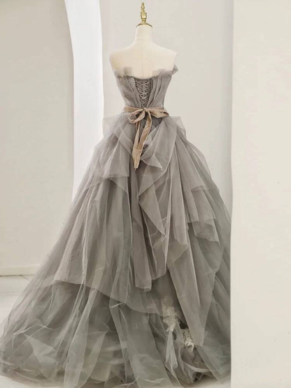 Classy Ball Gown Strapless Gray Tulle Prom Dresses Party Dress Dance Senior High School Graduation Dress AU426