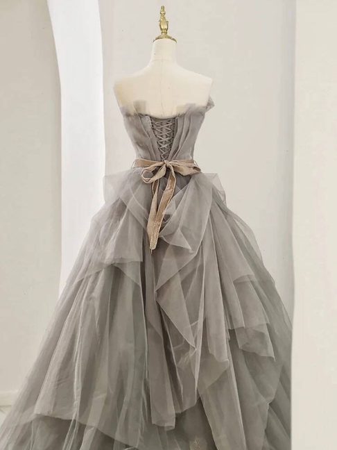 Classy Ball Gown Strapless Gray Tulle Prom Dresses Party Dress Dance Senior High School Graduation Dress AU426