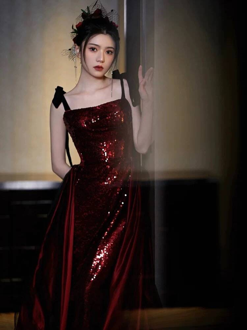 Timeless Sheath Spaghetti Straps Sequin Burgundy Prom Dress Inspiration Long Party Formal Prom Dresses AU429