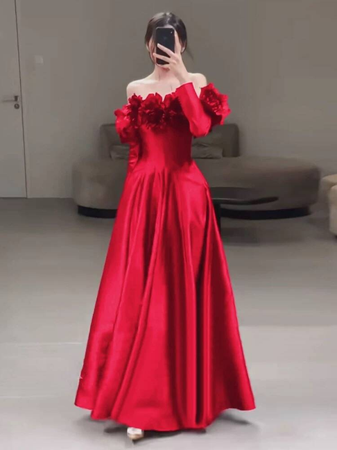 Cute A line Strapless Red Satin Prom Dresses Party Dress 20th Birthday Outfits Graduation Dress AU430