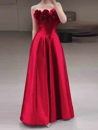 Cute A line Strapless Red Satin Prom Dresses Party Dress 20th Birthday Outfits Graduation Dress AU430