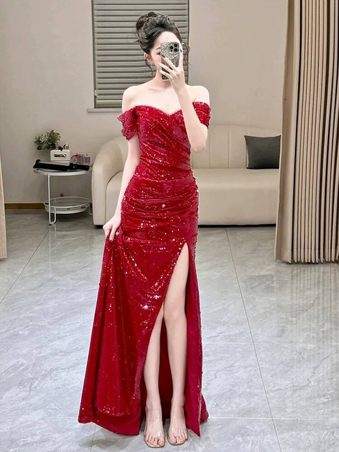 Sexy Mermaid Off The Shoulder Red Sequins Prom Dresses Party Dress 20th Birthday Outfits Graduation Dress AU435