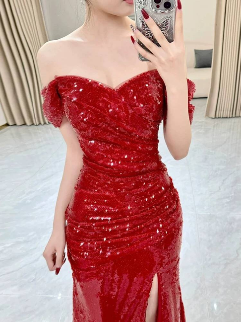 Sexy Mermaid Off The Shoulder Red Sequins Prom Dresses Party Dress 20th Birthday Outfits Graduation Dress AU435