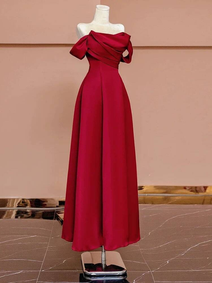 Simple A line Off The Shoulder Red Satin Prom Dresses Party Dress 18th Birthday Outfits Graduation Dress AU436