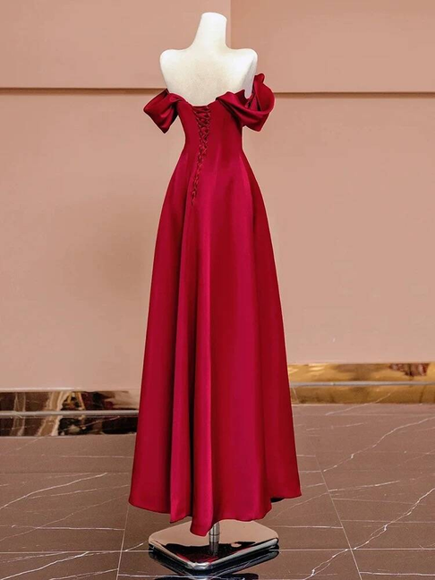 Simple A line Off The Shoulder Red Satin Prom Dresses Party Dress 18th Birthday Outfits Graduation Dress AU436