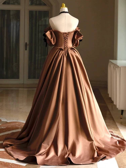 Unique Ball Gown Off The Shoulder Brown Satin Prom Dresses Party Dress 20th Birthday Outfits Graduation Dress AU439