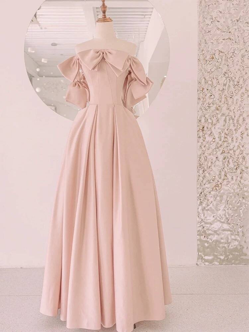 Simple A line Off The Shoulder Blush Pink Satin Prom Dresses Party Dress 18th Birthday Outfits Graduation Dress AU441