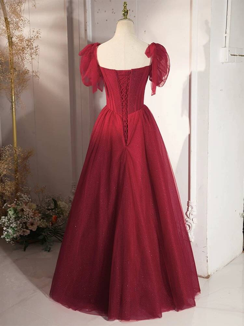 Modest Ball Gown Square Neck Tulle Burgundy Prom Dresses Inspiration Prom Dress Princess Graduation Dress AU443