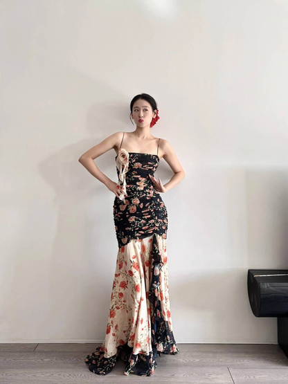 Vintage Mermaid Spaghetti Straps Floral Long Prom Dresses Party Dress 16th Birthday Outfits Senior Graduation Dress AU472