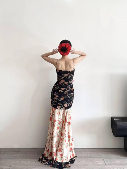 Vintage Mermaid Spaghetti Straps Floral Long Prom Dresses Party Dress 16th Birthday Outfits Senior Graduation Dress AU472