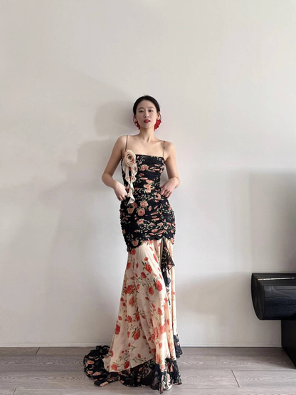 Vintage Mermaid Spaghetti Straps Floral Long Prom Dresses Party Dress 16th Birthday Outfits Senior Graduation Dress AU472