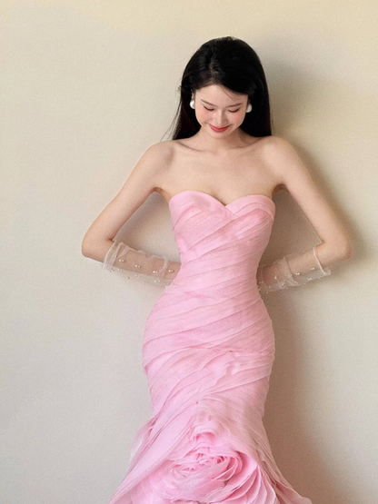 Cute Mermaid Sweetheart Pink Tulle Prom Dresses Long Party Dress 22th Birthday Outfits Graduation Dress AU474