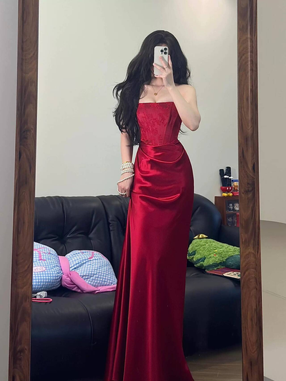Sexy Mermaid Strapless Burgundy Satin Long Prom Dresses Inspiration Prom Dress Senior Graduation Dress AU475