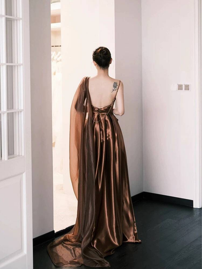 Vintage A line Spaghetti Straps Brown Long Prom Dresses Party Dress 16th Birthday Outfits Senior Graduation Dress AU490