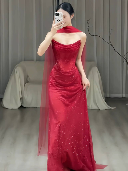 Classy Mermaid Sweetheart Neck Red Sequin Long Prom Dresses Inspiration Prom Dress Senior Graduation Dress With Scarf AU491