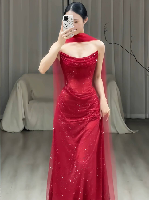 Classy Mermaid Sweetheart Neck Red Sequin Long Prom Dresses Inspiration Prom Dress Senior Graduation Dress With Scarf AU491