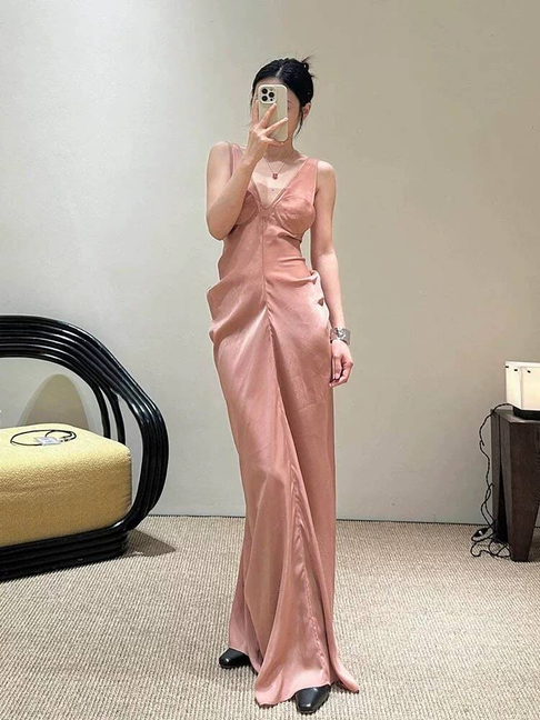 Vintage Mermaid V Neck Blush Pink Prom Dresses Long Party Dress 22th Birthday Outfits Graduation Dress AU502