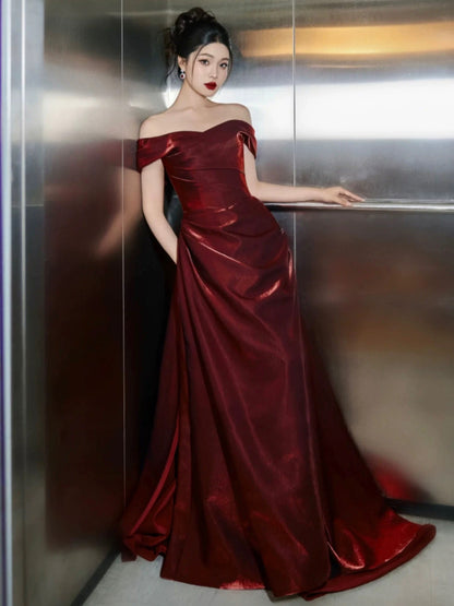 Classy Mermaid Off The Shoulder Burgundy Satin Long Prom Dresses Inspiration Prom Dress Senior Graduation Dress AU506