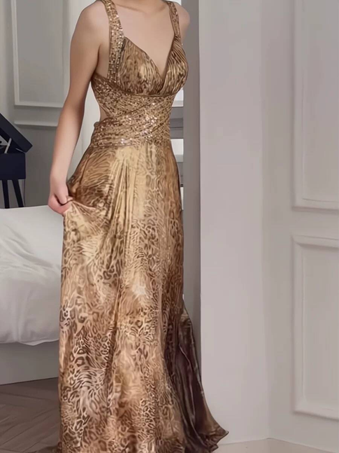 Vintage A line Sweetheart Gold Satin Backless Long Prom Dresses Party Dress 16th Birthday Outfits Senior Graduation Dress AU512