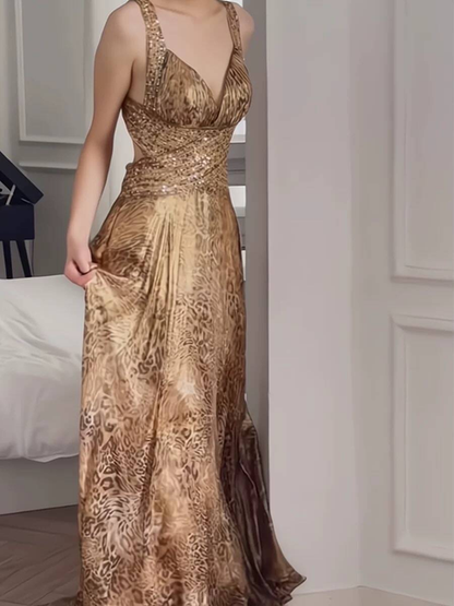 Vintage A line Sweetheart Gold Satin Backless Long Prom Dresses Party Dress 16th Birthday Outfits Senior Graduation Dress AU512