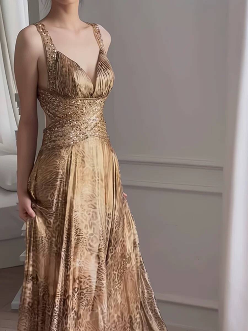 Vintage A line Sweetheart Gold Satin Backless Long Prom Dresses Party Dress 16th Birthday Outfits Senior Graduation Dress AU512