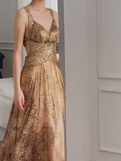 Vintage A line Sweetheart Gold Satin Backless Long Prom Dresses Party Dress 16th Birthday Outfits Senior Graduation Dress AU512