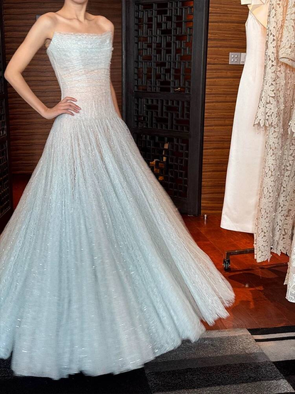 Vintage A line Strapless Light Sky Blue Tulle Long Prom Dresses Party Dress 16th Birthday Outfits Senior Graduation Dress AU515