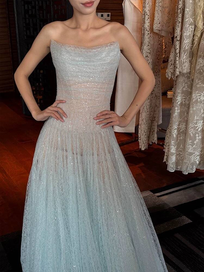 Vintage A line Strapless Light Sky Blue Tulle Long Prom Dresses Party Dress 16th Birthday Outfits Senior Graduation Dress AU515
