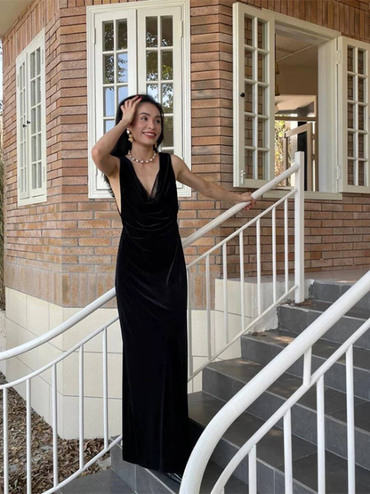 Vintage Mermaid V Neck Black Velvet Prom Dresses Long Party Dress 22th Birthday Outfits Graduation Dress AU517