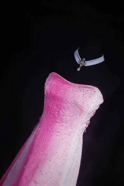 Retro A line Strapless Tulle Pink Ombre White Floor Length Prom Dress Inspiration Long Prom Dresses AU522