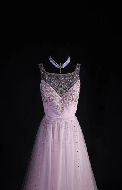 Retro A line Square Neck Tulle Pink Floor Length Prom Dress Inspiration Long Prom Dresses AU524