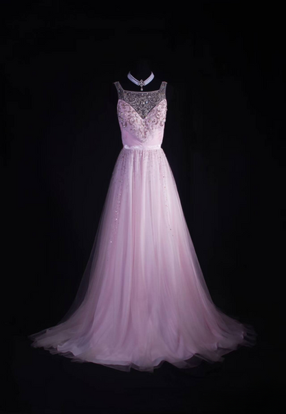 Retro A line Square Neck Tulle Pink Floor Length Prom Dress Inspiration Long Prom Dresses AU524