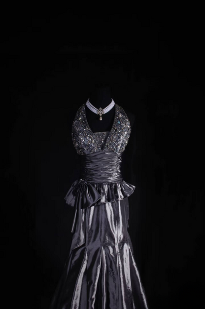 Vintage Mermaid Halter Gray Floor Length Prom Dress Silver Beads Inspiration Long Prom Dresses AU525