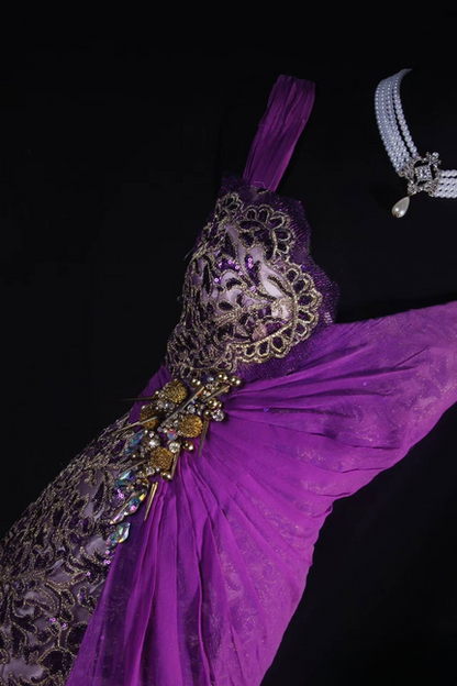 Vintage Mermaid V Neck Grape Chiffon Floor Length Prom Dress Beads Inspiration Long Prom Dresses AU527