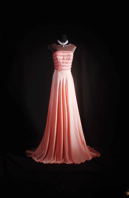 Vintage A line Scoop Pink Beads Long Prom Dresses Party Dress Princess Graduation Dress AU534