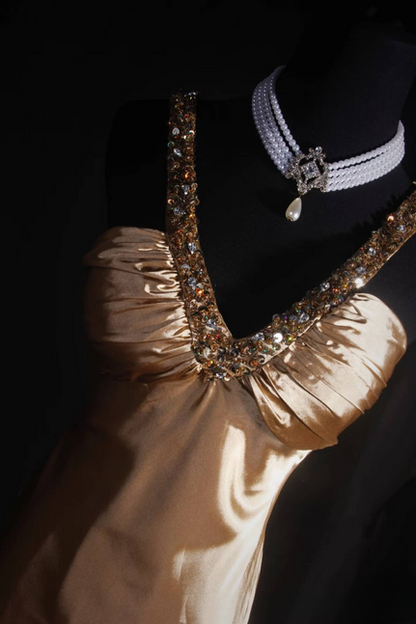 Classic Mermaid V Neckline Beads Sequins Gold Satin Backless Long Prom Dress Inspiration Party Senior Dance Prom Dresses AU535