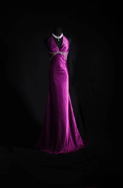 Classic Mermaid V Neckline Silver Beads Sequins Grape Satin Backless Long Prom Dress Inspiration Party Senior Dance Prom Dresses AU536