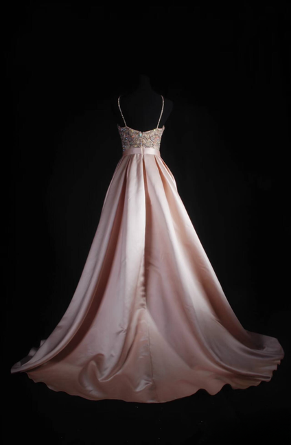 Vintage A line Halter Pink Satin Beads Long Prom Dresses Party Dress Princess Graduation Dress AU537