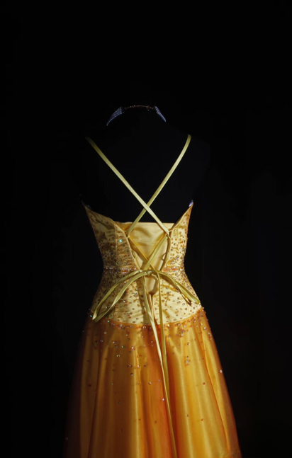 Retro High Low Spaghetti Straps Yellow Satin Prom Dresses 2026 Prom Dress Princess Graduation Dress AU538