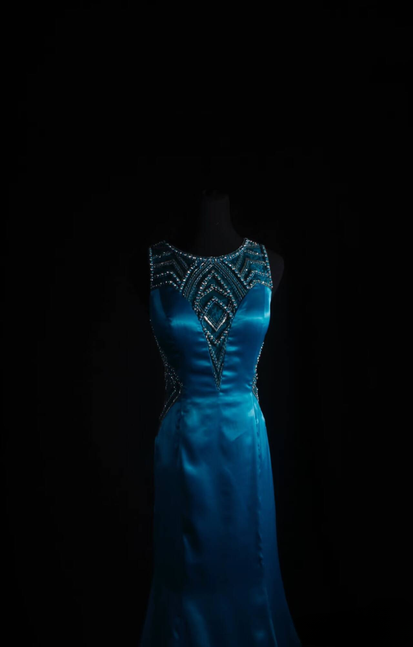 Classic Mermaid Jewel Neckline Silver Beads Sequins Blue Satin Backless Long Prom Dress Inspiration Party Senior Dance Prom Dresses AU541