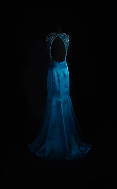 Classic Mermaid Jewel Neckline Silver Beads Sequins Blue Satin Backless Long Prom Dress Inspiration Party Senior Dance Prom Dresses AU541