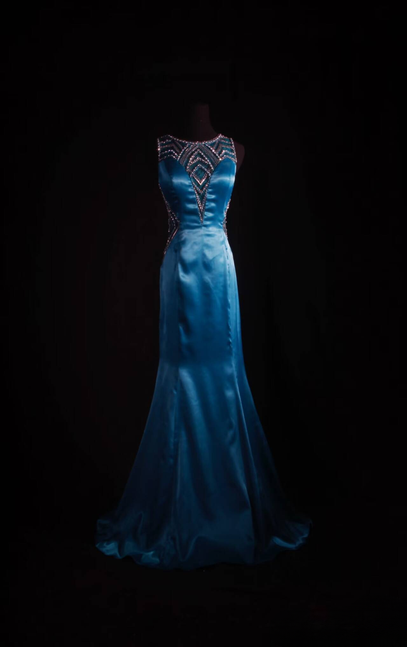 Classic Mermaid Jewel Neckline Silver Beads Sequins Blue Satin Backless Long Prom Dress Inspiration Party Senior Dance Prom Dresses AU541