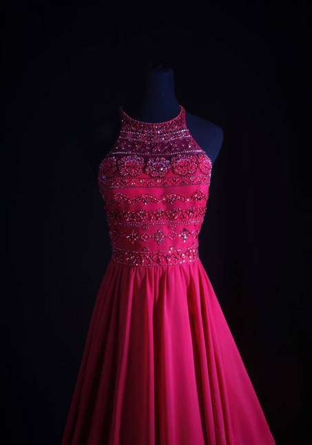 Vintage A line Halter Pink Chiffon Beads Long Prom Dresses Party Dress Princess Graduation Outfits For Women AU545