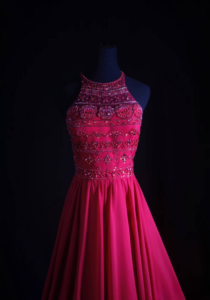Vintage A line Halter Pink Chiffon Beads Long Prom Dresses Party Dress Princess Graduation Outfits For Women AU545