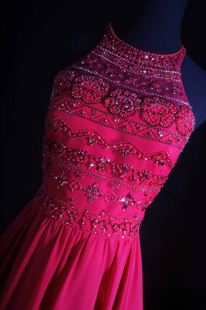Vintage A line Halter Pink Chiffon Beads Long Prom Dresses Party Dress Princess Graduation Outfits For Women AU545